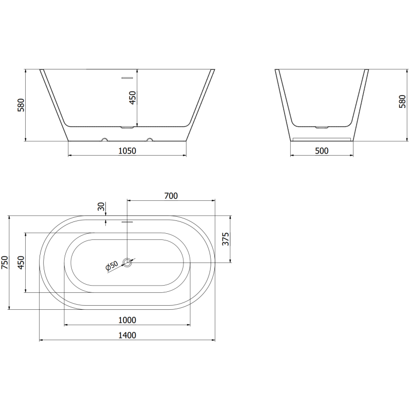 Mexen Luna vrijstaande badkuip 140 x 75 cm, wit, overloop gun metal - 52031407500-95