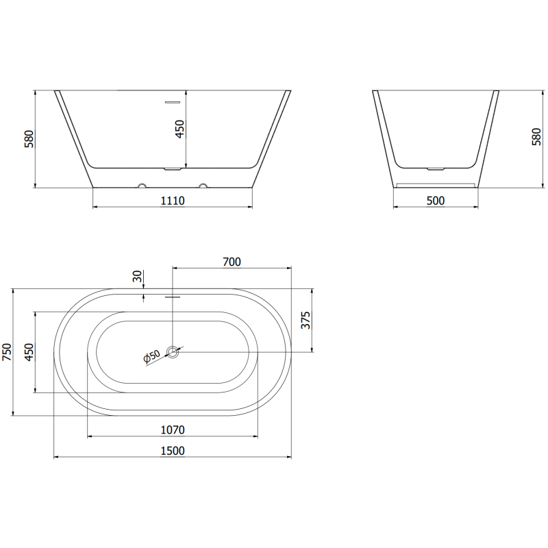 Mexen Luna vasca da bagno autoportante 150 x 75 cm, bianca, troppopieno dorato - 52031507500-50