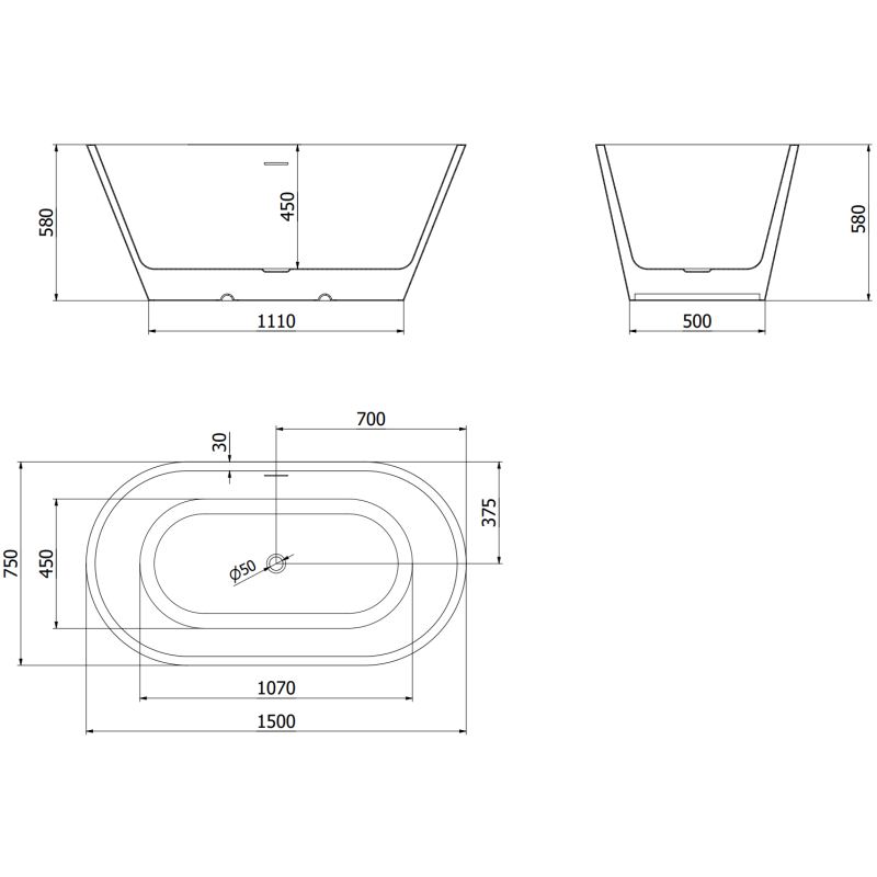 Mexen Luna freestanding bathtub 150 x 75 cm, white/black, white overflow - 52031507575-20