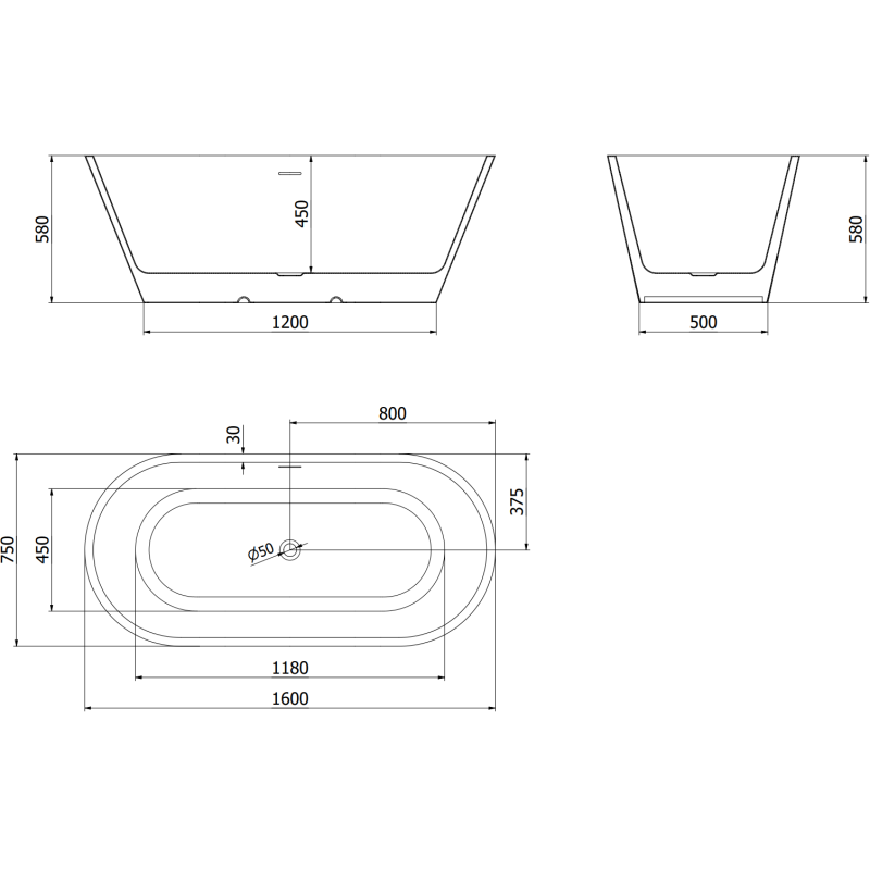 Mexen Luna vrijstaande badkuip 160 x 75 cm, wit, zwarte overloop - 52031607500-70