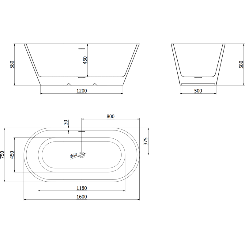 Mexen Luna baignoire autoportante 160 x 75 cm, blanc/noir, trop-plein or brossé - 52031607575-55