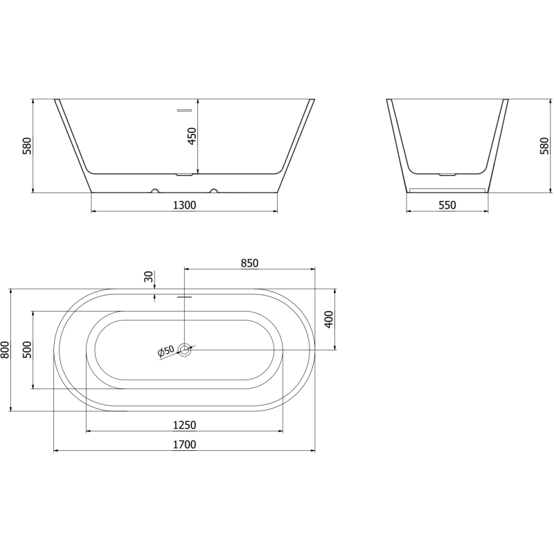 Mexen Luna freestanding bath 170 x 80 cm, white, brushed copper overflow - 52031708000-65