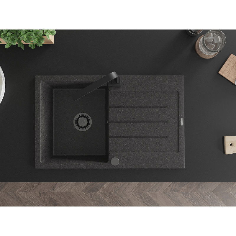 Mexen Bruno granite sink 1-bowl with drainer and Rita kitchen tap, black speckled - 6513-76-670300-70-B