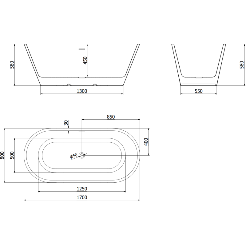 Mexen Luna vasca da bagno freestanding 170 x 80 cm, bianca/nera, troppopieno cromato - 52031708075-01