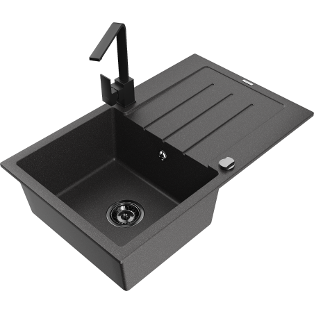 Mexen Bruno granite sink 1-bowl with drainer and Rita kitchen tap, black speckled - 6513-76-670300-70-B