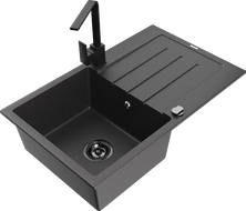 Mexen Bruno fregadero de granito de 1 cubeta con escurridor y grifo de cocina Rita, negro moteado - 6513-76-670300-70-B