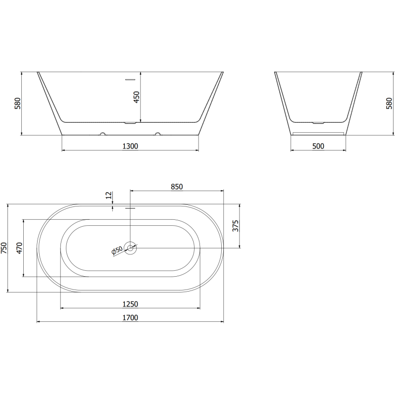 Mexen Luna Slim freestanding bath 170 x 75 cm, white, white overflow - 52041707500-20