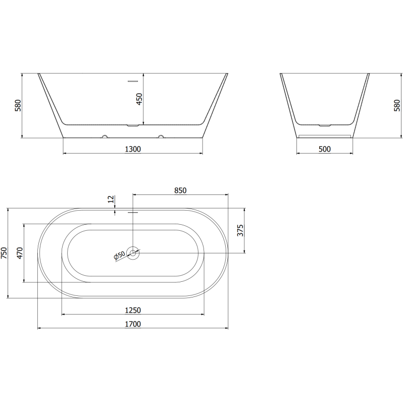 Mexen Luna Slim vrijstaande badkuip 170 x 75 cm, wit, overloop geborsteld nikkel - 52041707500-97