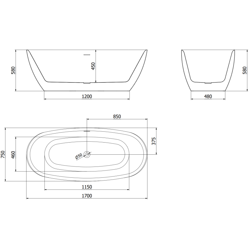 Mexen Luvo Slim vrijstaand bad 170 x 75 cm, wit/zwart, overloop geborsteld koper - 52801707575-65