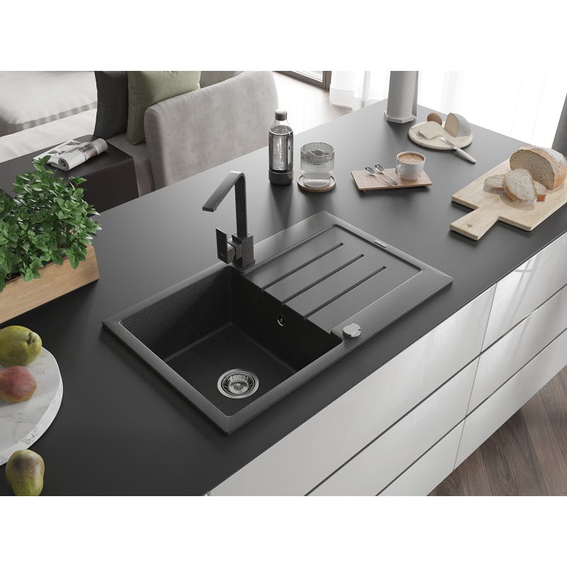 Mexen Bruno granite sink 1-bowl with drainer and Rita kitchen tap, speckled black - 6513-76-670300-76