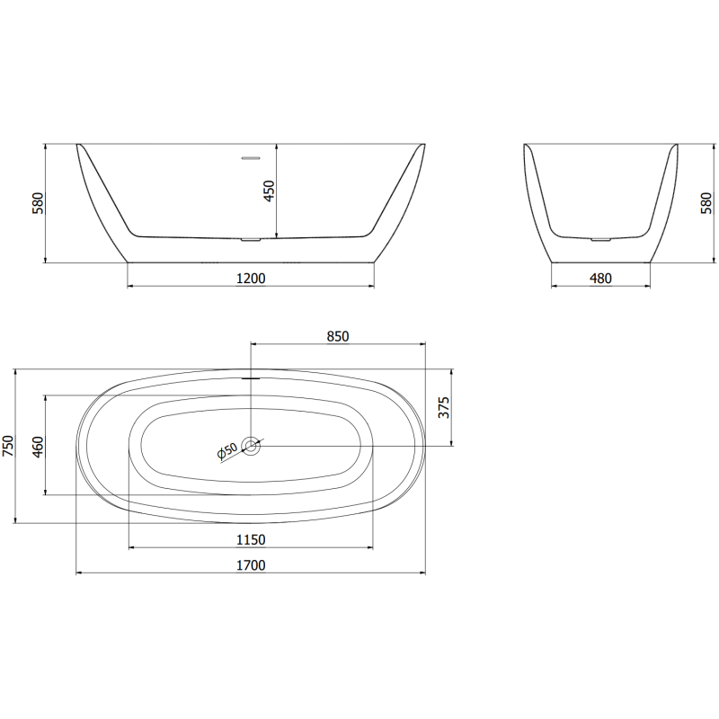 Mexen Luvo Slim Λουτρό ελεύθερης τοποθέτησης 170 x 75 cm, λευκό/μαύρο,