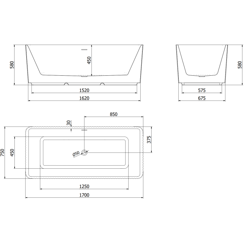 Mexen Nila free-standing ribbed bath 170 x 75 cm, white, white overflow - 52841708000-20