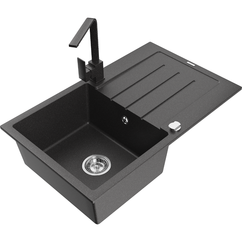 Mexen Bruno granite sink 1-bowl with drainer and Rita kitchen tap, speckled black - 6513-76-670300-76