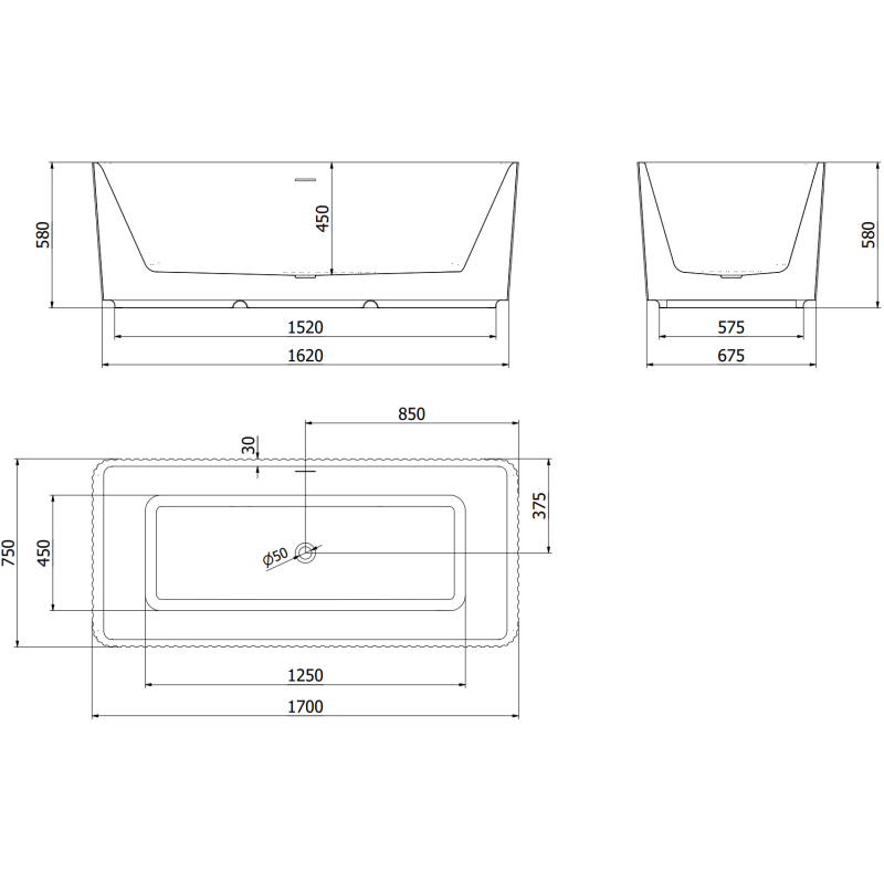 Mexen Nila vasca da bagno freestanding scanalata 170 x 75 cm, bianca/nera, troppo pieno gun metal - 52841708075-95