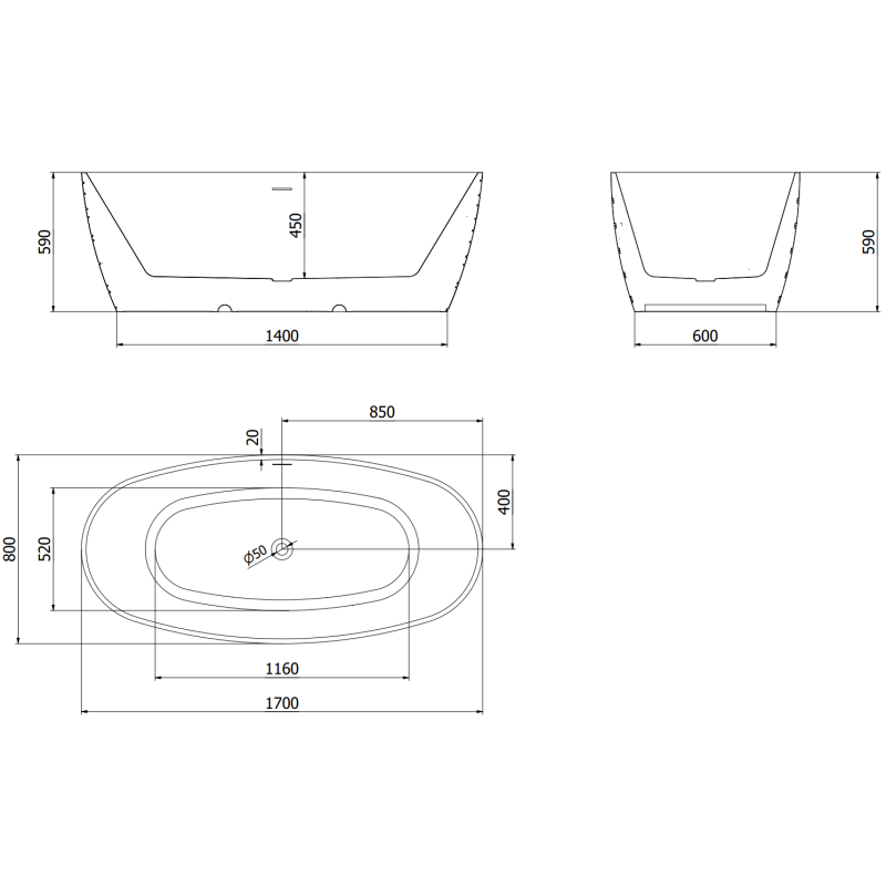 Mexen Olea freestanding bath pattern 170 x 80 cm, white, overflow rose gold - 52821708000-60