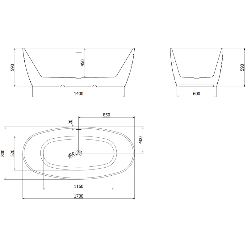 Mexen Olea freestanding bath pattern 170 x 80 cm, white/black, white overflow - 52821708075-20