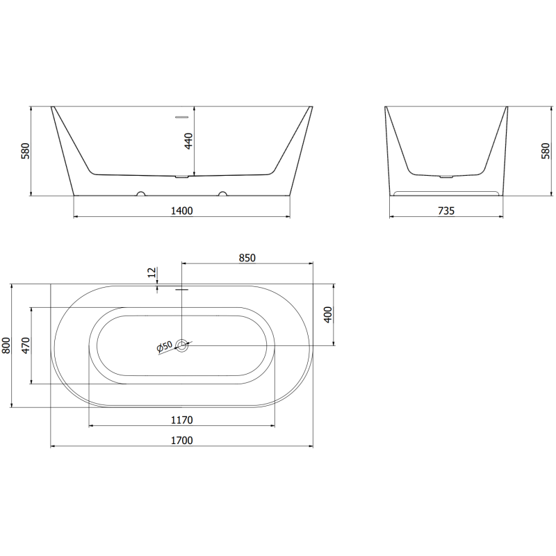 Mexen Oval Slim freistehende wandnahe Badewanne 170 x 80 cm, weiß, Überlauf gebürstetes Kupfer - 52661708000-65