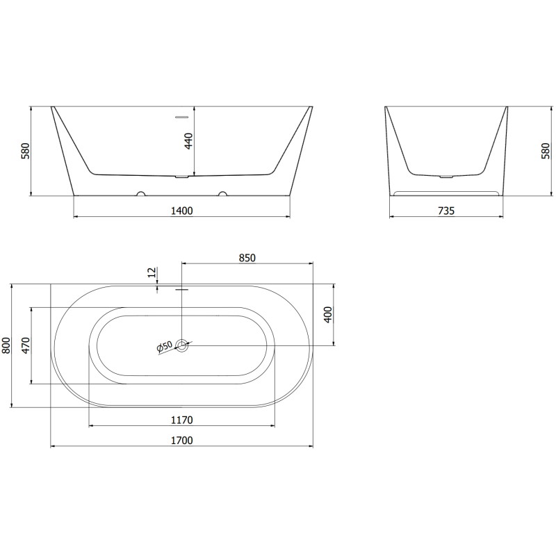 Mexen Oval Slim vaba seisev vastu seina 170 x 80 cm, valge, ülejooksu püssmetall - 52661708000-95