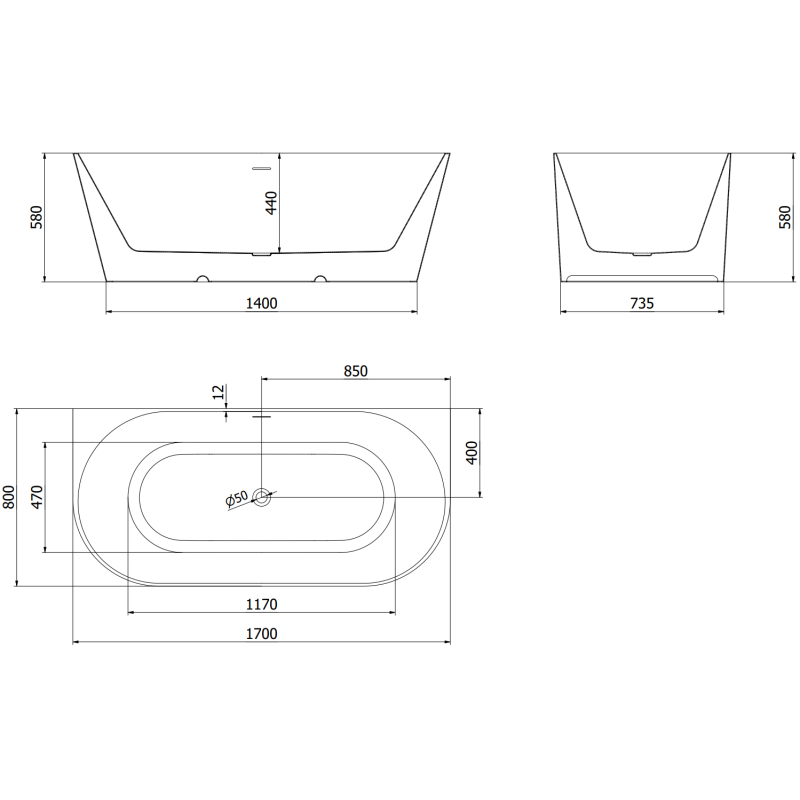 Mexen Oval Slim vrijstaande tegen de muur badkuip 170 x 80 cm, wit/zwart, overtollige rosegoud - 52661708075-60