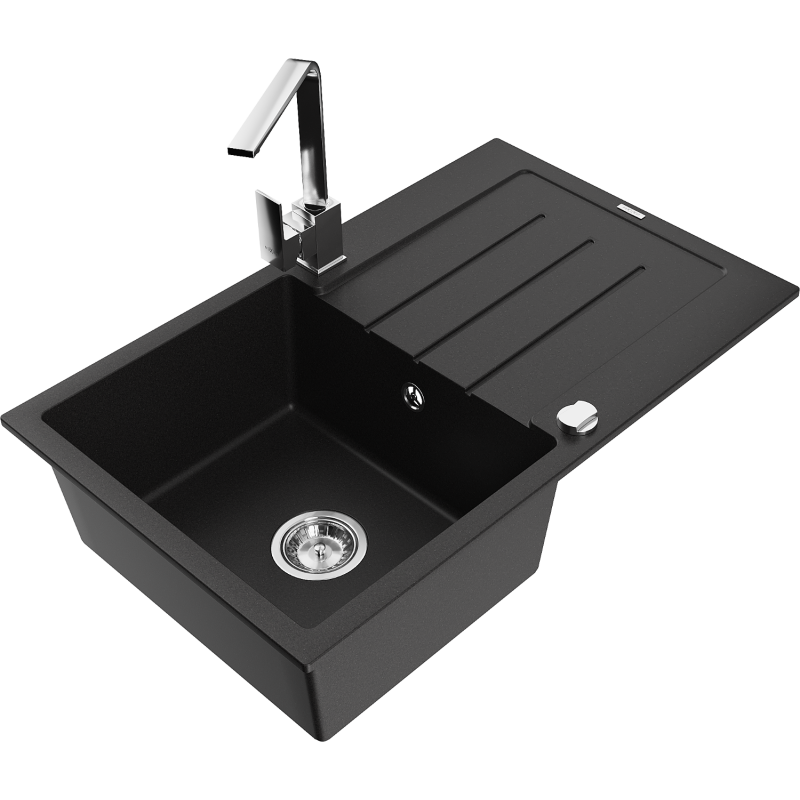Mexen Bruno granite sink, 1-bowl with drainer and Rita kitchen tap, black - 6513-77-670300-00