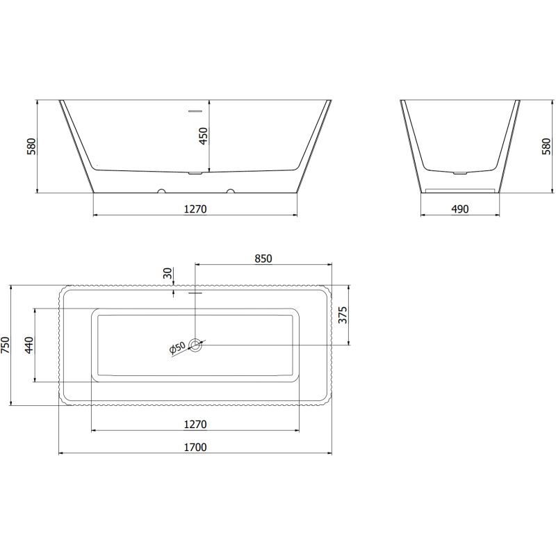 Mexen Tava ελεύθερη όρθια ραβδωτή μπανιέρα 170 x 75 cm, λευκή, υπερχείλιση