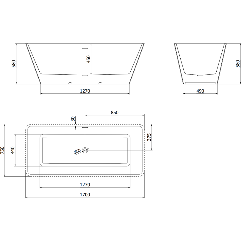 Mexen Tava free-standing fluted bath 170 x 75 cm, white, black overflow - 52851707500-70