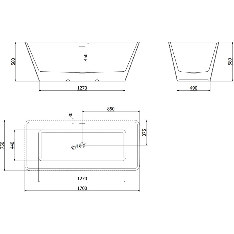Mexen Tava vrijstaande gegroefde badkuip 170 x 75 cm, wit/zwart, overloop gun gray geborsteld - 52851707575-66