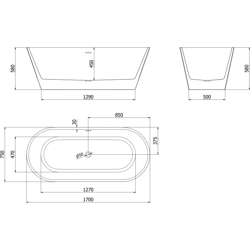 Mexen Yara vrijstaande gegroefde badkuip 170 x 75 cm, wit, overloop gun gray geborsteld - 52861707500-66