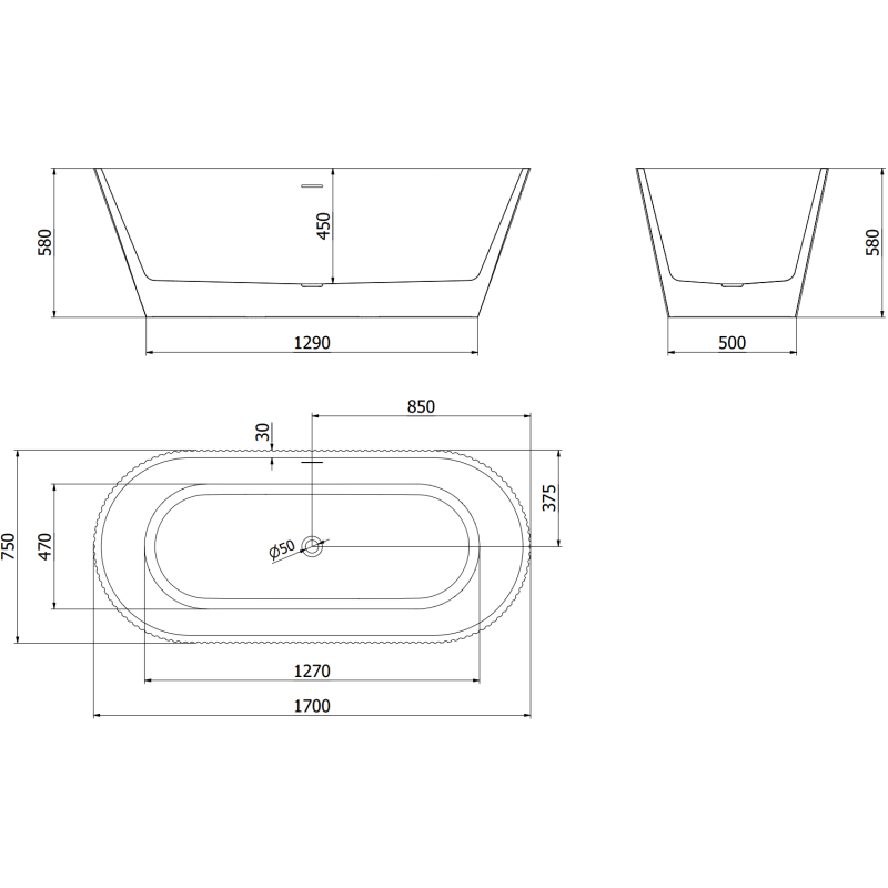 Mexen Yara vasca da bagno freestanding rigata 170 x 75 cm, bianca/nera, troppo pieno bianco - 52861707575-20