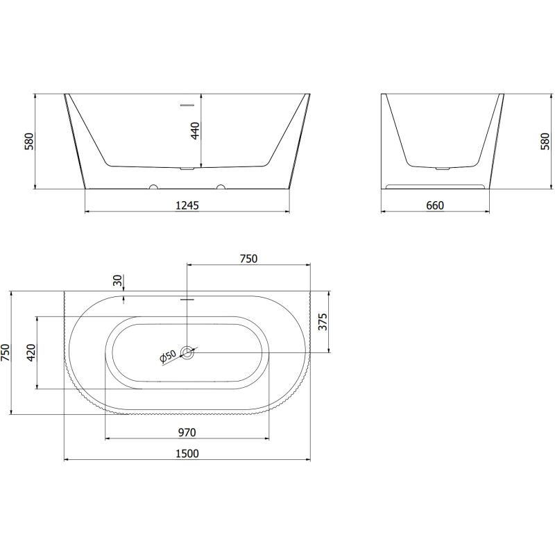 Mexen Oris free-standing fluted back-to-wall bathtub 150 x 75 cm, white, chrome overflow - 52871507500-01