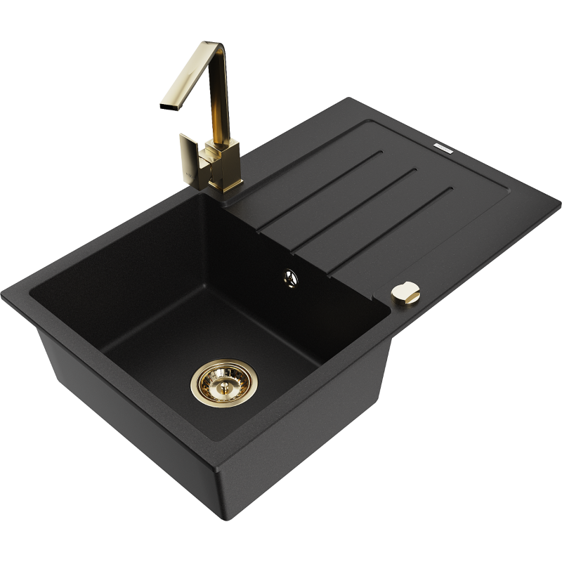 Mexen Bruno Granitspüle 1-becken mit Abtropffläche und Küchenarmatur Rita, schwarz - 6513-77-670300-50