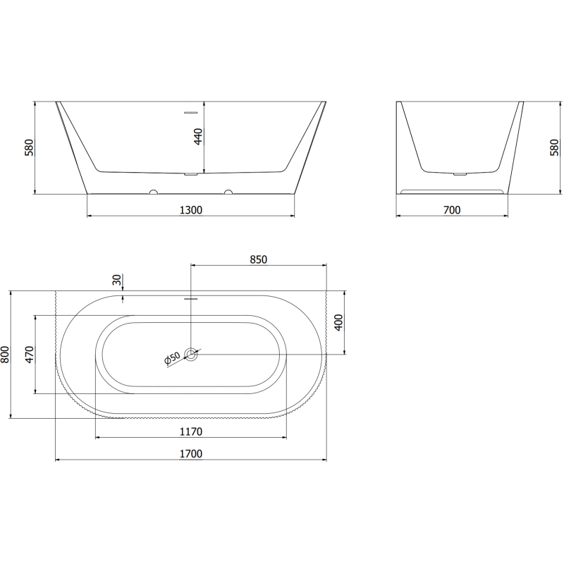 Mexen Oris vasca da bagno freestanding addossata rigata 170 x 80 cm, bianca, troppopieno in rame spazzolato - 52871708000-65