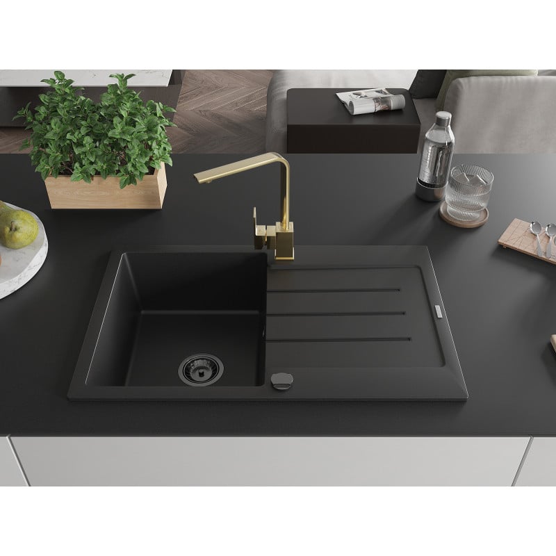 Mexen Bruno 1-bowl granite sink with drainer and Rita kitchen tap, black - 6513-77-670300-50-B