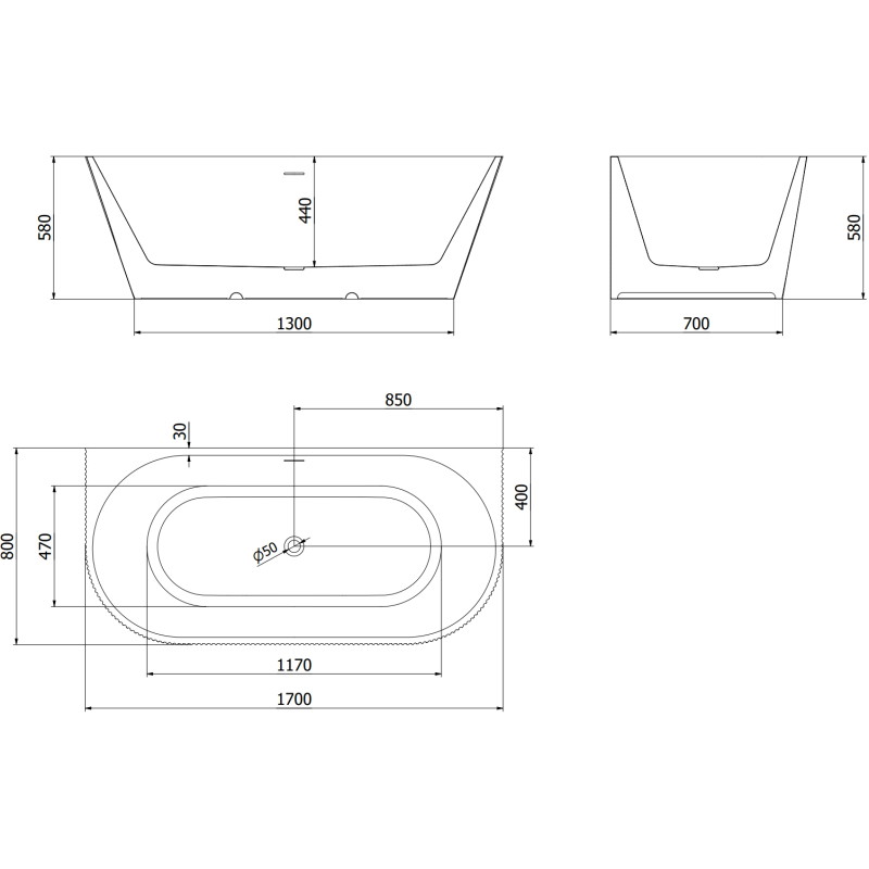Mexen Oris freistehende Wand-Badewanne geriffelt 170 x 80 cm, weiß/schwarz, Überlauf chrom - 52871708075-01