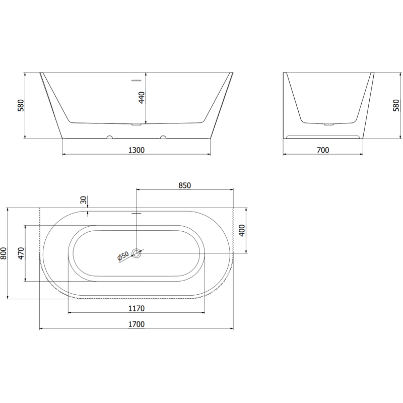 Mexen Oris freestanding wall-adjacent grooved bathtub 170 x 80 cm, white/black, brushed copper overflow - 52871708075-65