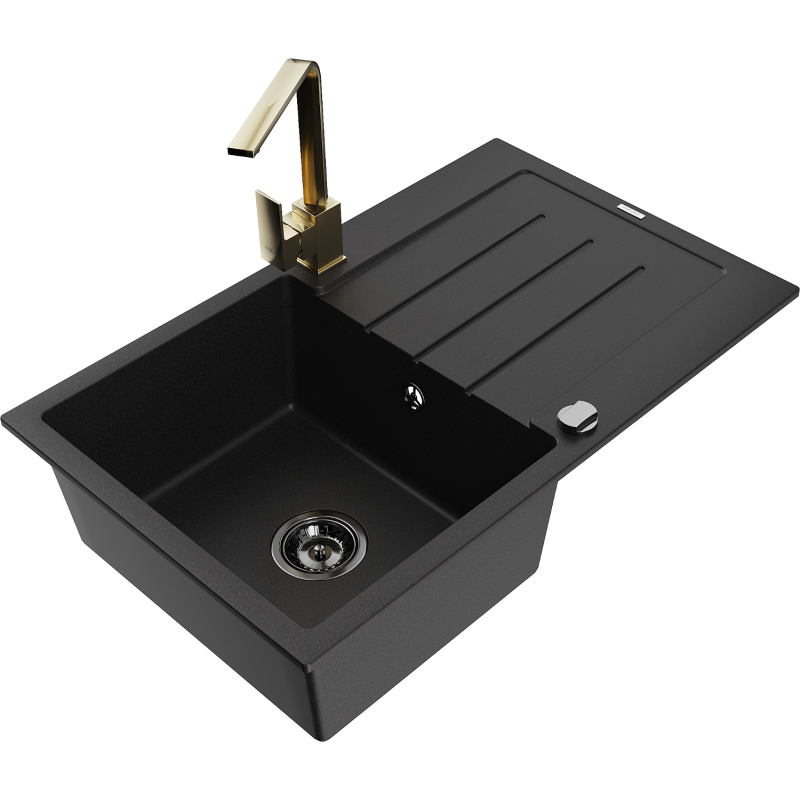 Mexen Bruno 1-bowl granite sink with drainer and Rita kitchen tap, black - 6513-77-670300-50-B