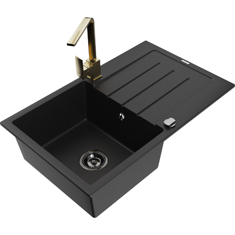 Mexen Bruno lavello in granito 1-vasca con sgocciolatoio e miscelatore cucina Rita, nero - 6513-77-670300-50-B