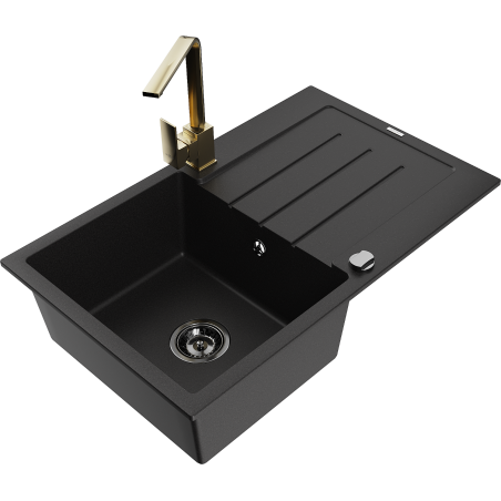 Mexen Bruno 1-bowl granite sink with drainer and Rita kitchen tap, black - 6513-77-670300-50-B