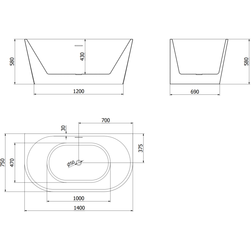 Mexen Oval freestanding wall-adjacent bathtub 140 x 75 cm, white/black, white overflow - 52671407575-20