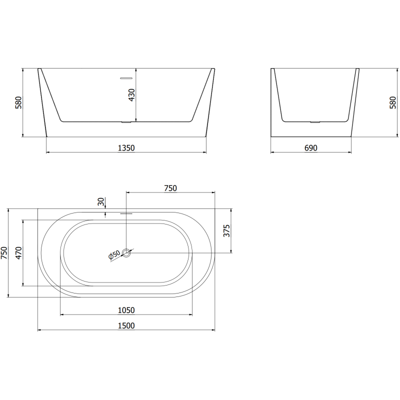 Mexen Oval baignoire autoportante adossée 150 x 75 cm, blanche, trop-plein en cuivre brossé - 52671507500-65