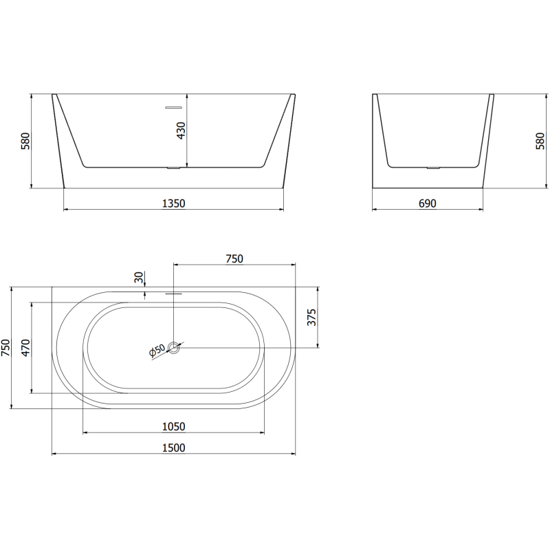 Mexen Oval baignoire autoportante contre le mur 150 x 75 cm, blanche/noire, trop-plein or rose - 52671507575-60