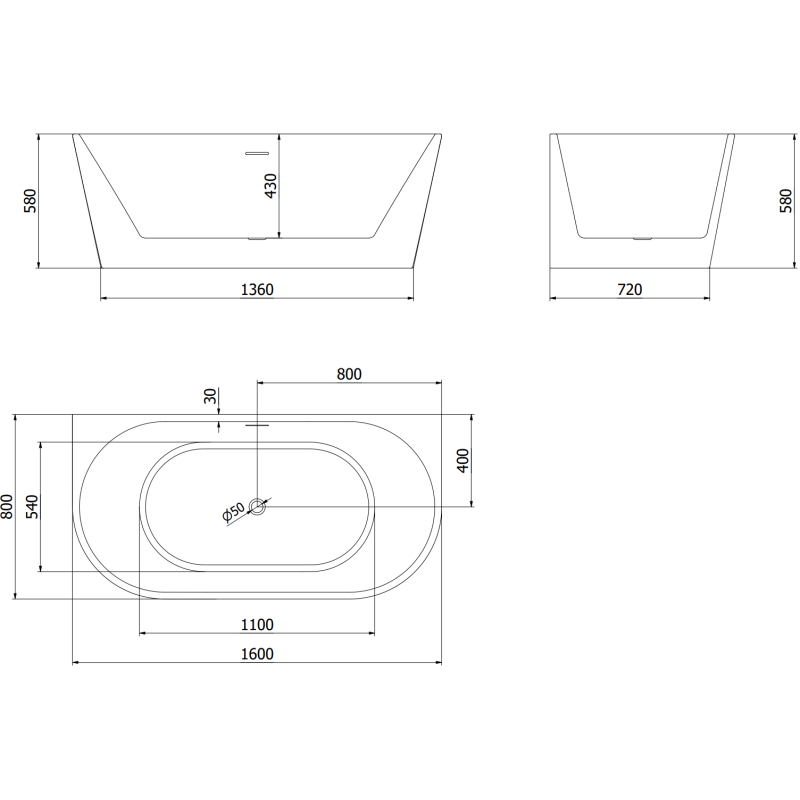 Mexen Oval vrijstaande wandbadkuip 160 x 80 cm, wit, chroom overloop - 52671608000-01