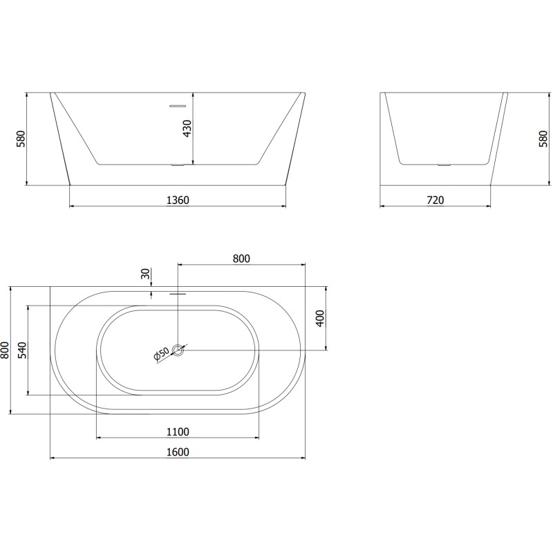 Mexen Oval samostojeća kada uz zid 160 x 80 cm, bijela, bijeli preljev - 52671608000-20