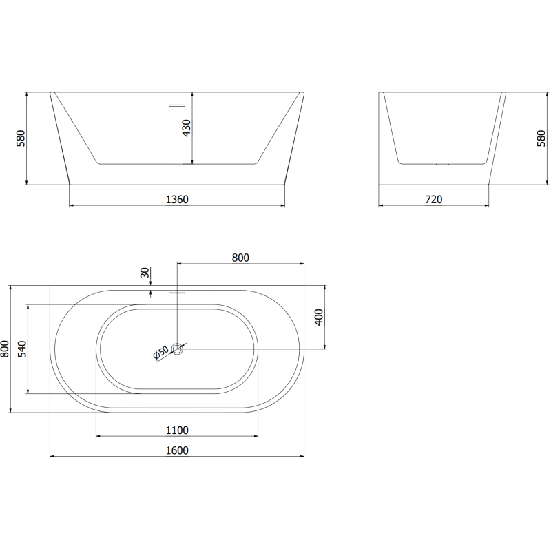 Mexen Oval ελεύθερη μπανιέρα τοίχου 160 x 80 cm, λευκή, υπερχείλιση χρυσό
