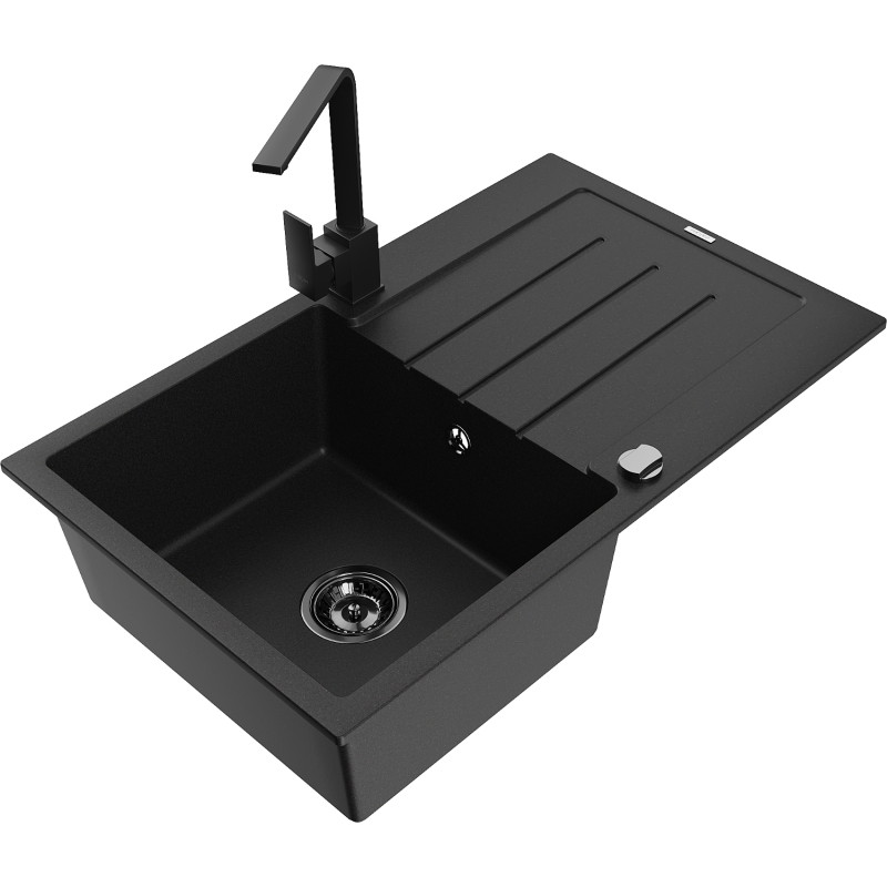 Mexen Bruno fregadero de granito de 1 compartimento con escurridor y grifo de cocina Rita, negro - 6513-77-670300-70-B