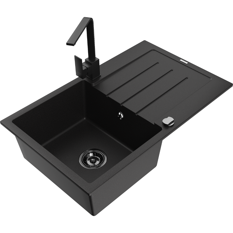 Mexen Bruno lava-loiça de granito 1 bacia com escorredor e torneira de cozinha Rita, preto - 6513-77-670300-70-B