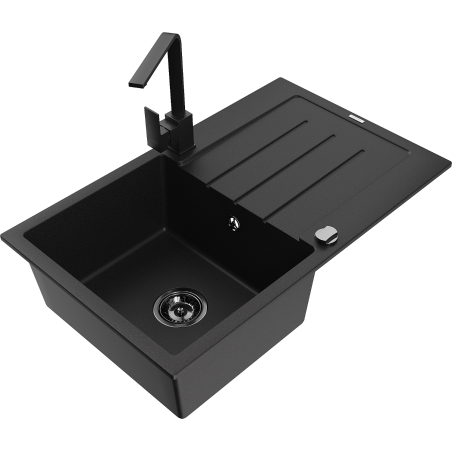 Mexen Bruno évier en granit à 1 bac avec égouttoir et robinet de cuisine Rita, noir - 6513-77-670300-70-B