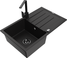 Mexen Bruno fregadero de granito de 1 cubeta con escurridor y grifo de cocina Rita, negro - 6513-77-670300-70-B