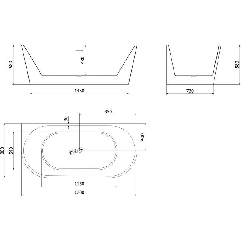 Mexen Oval vrijstaande badkuip tegen de muur 170 x 80 cm, wit/zwart, witte overloop - 52671708075-20
