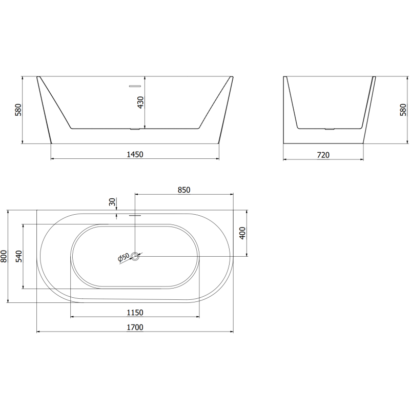 Mexen Oval seisova seinän levyinen kylpyamme 170 x 80 cm, valkoinen/musta, kultainen harjattu ylivuoto - 52671708075-55